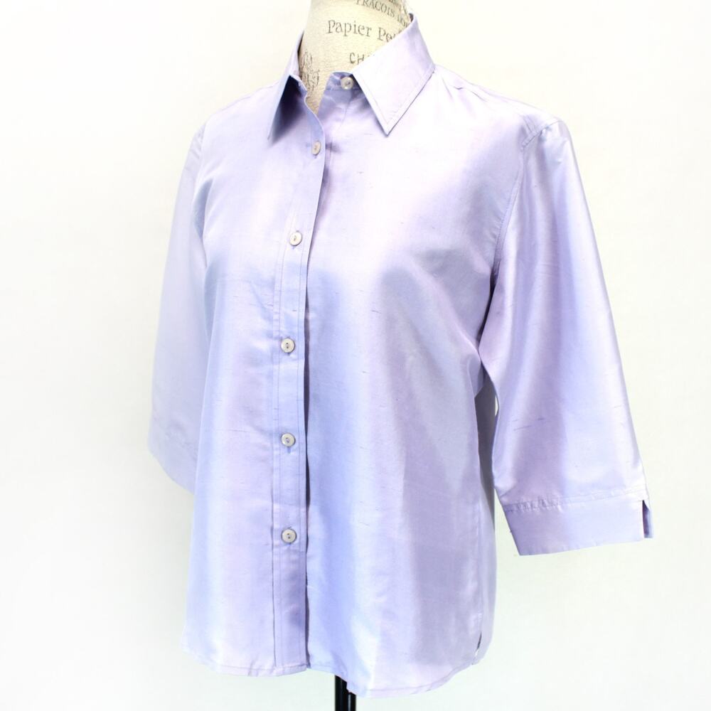 Corina Purple Silk Bouse Shirt Buttons Classic Formal Large Collared Neckline